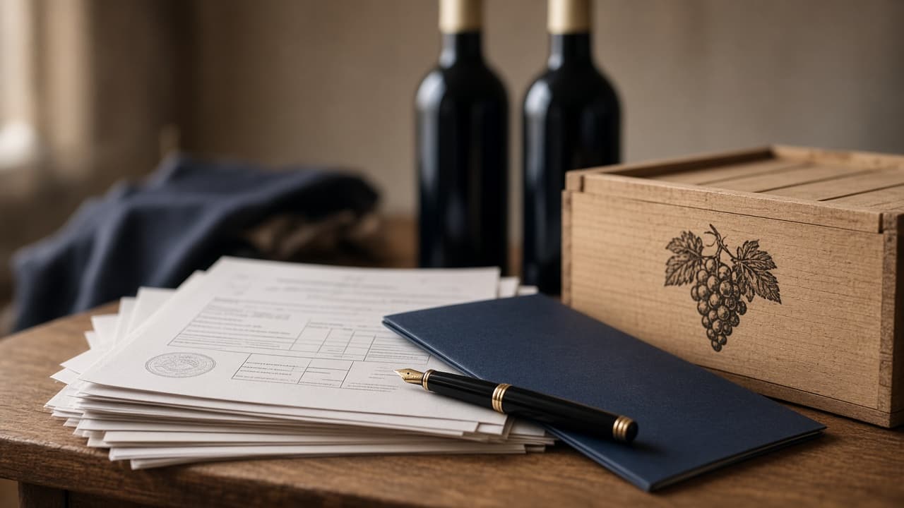 Documentos de importación y caja de vino italiano